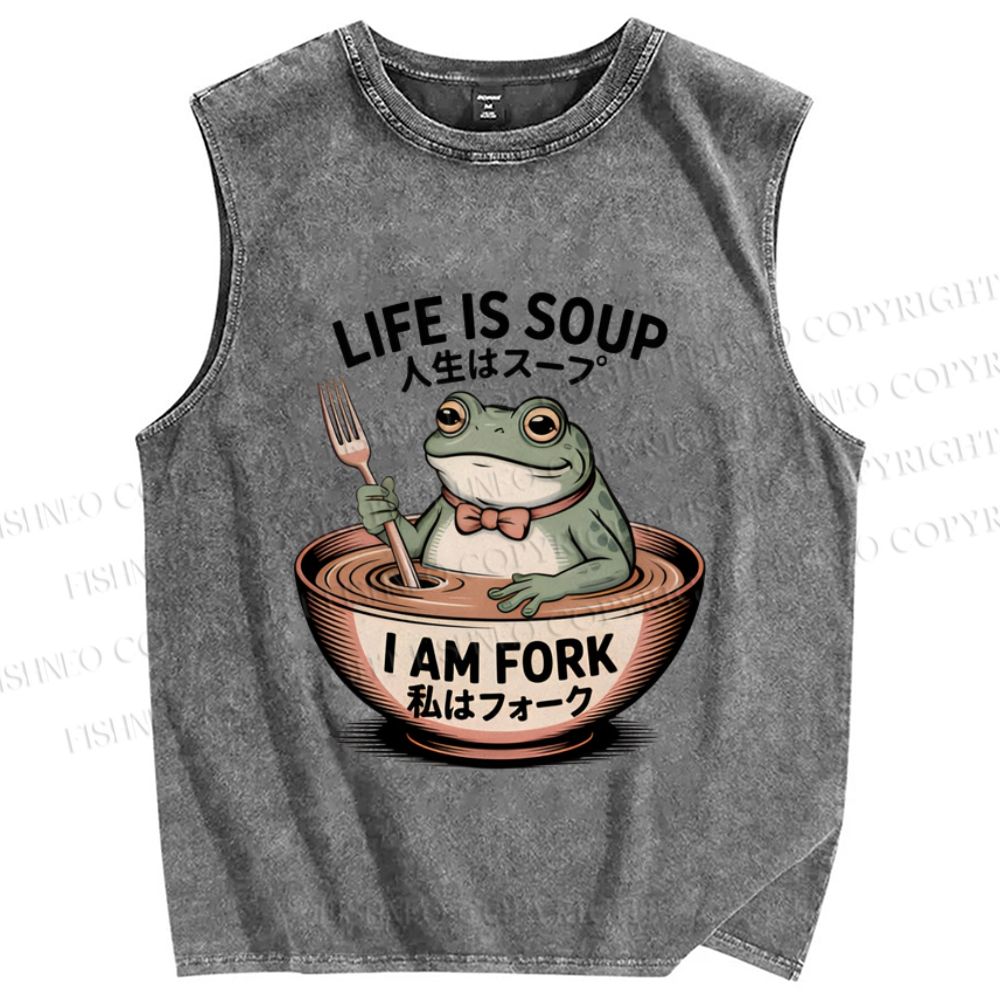 Unisex Life Is Soup I Am Fork Frog Printed Washed Tank Top