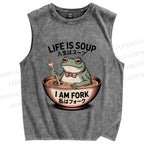 Unisex Life Is Soup I Am Fork Frog Printed Washed Tank Top