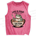 Unisex Life Is Soup I Am Fork Frog Printed Washed Tank Top