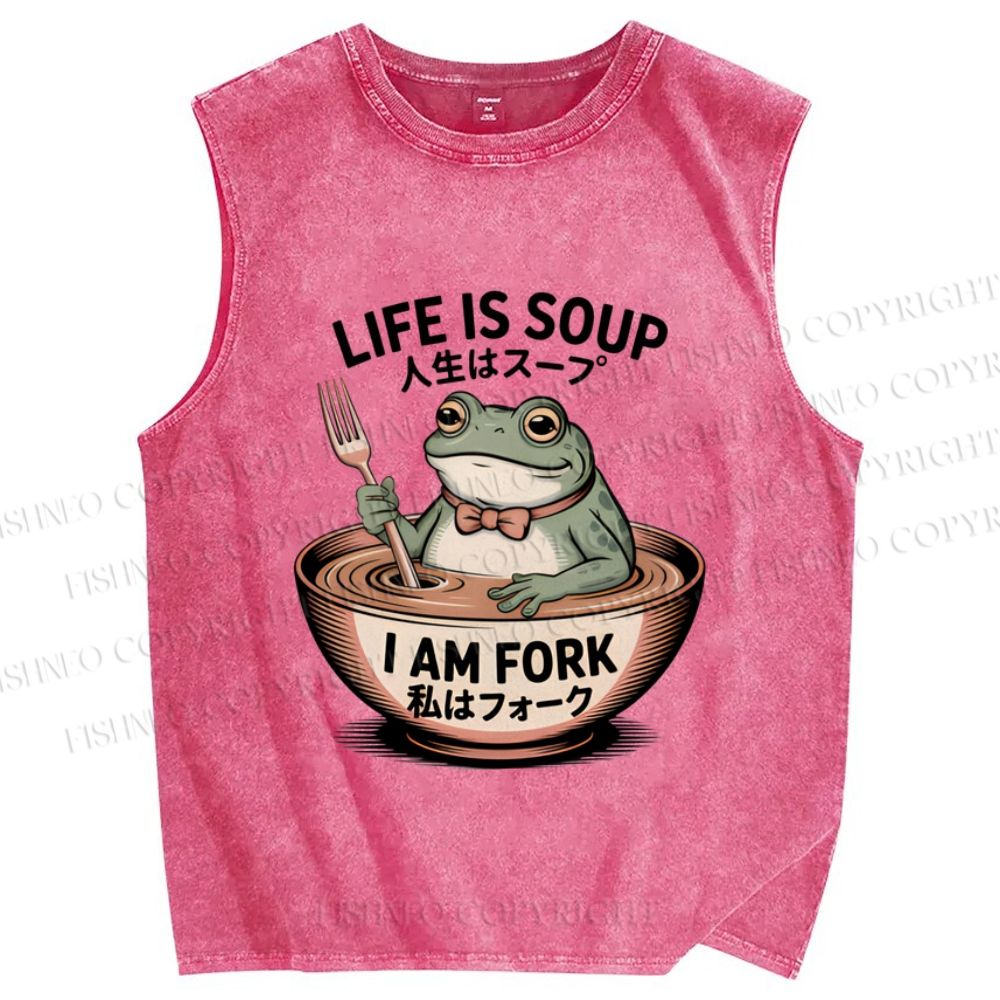 Unisex Life Is Soup I Am Fork Frog Printed Washed Tank Top