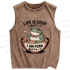 Unisex Life Is Soup I Am Fork Frog Printed Washed Tank Top