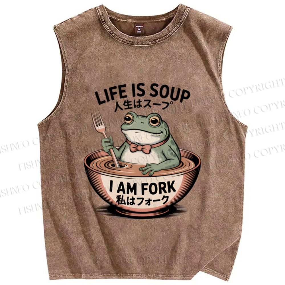 Unisex Life Is Soup I Am Fork Frog Printed Washed Tank Top