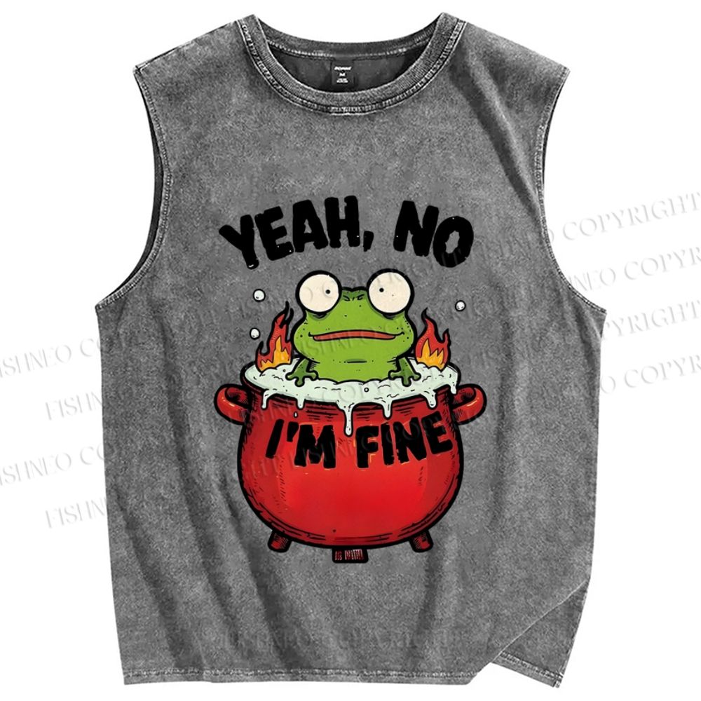 Unisex I'm Fine Frog Printed Washed Tank Top