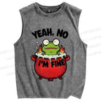 Unisex I'm Fine Frog Printed Washed Tank Top