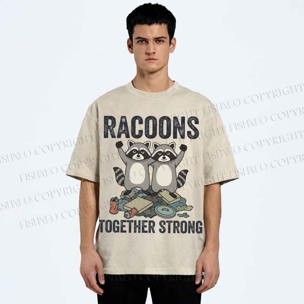 Unisex Raccoon Together Strong Printed Washed Tee