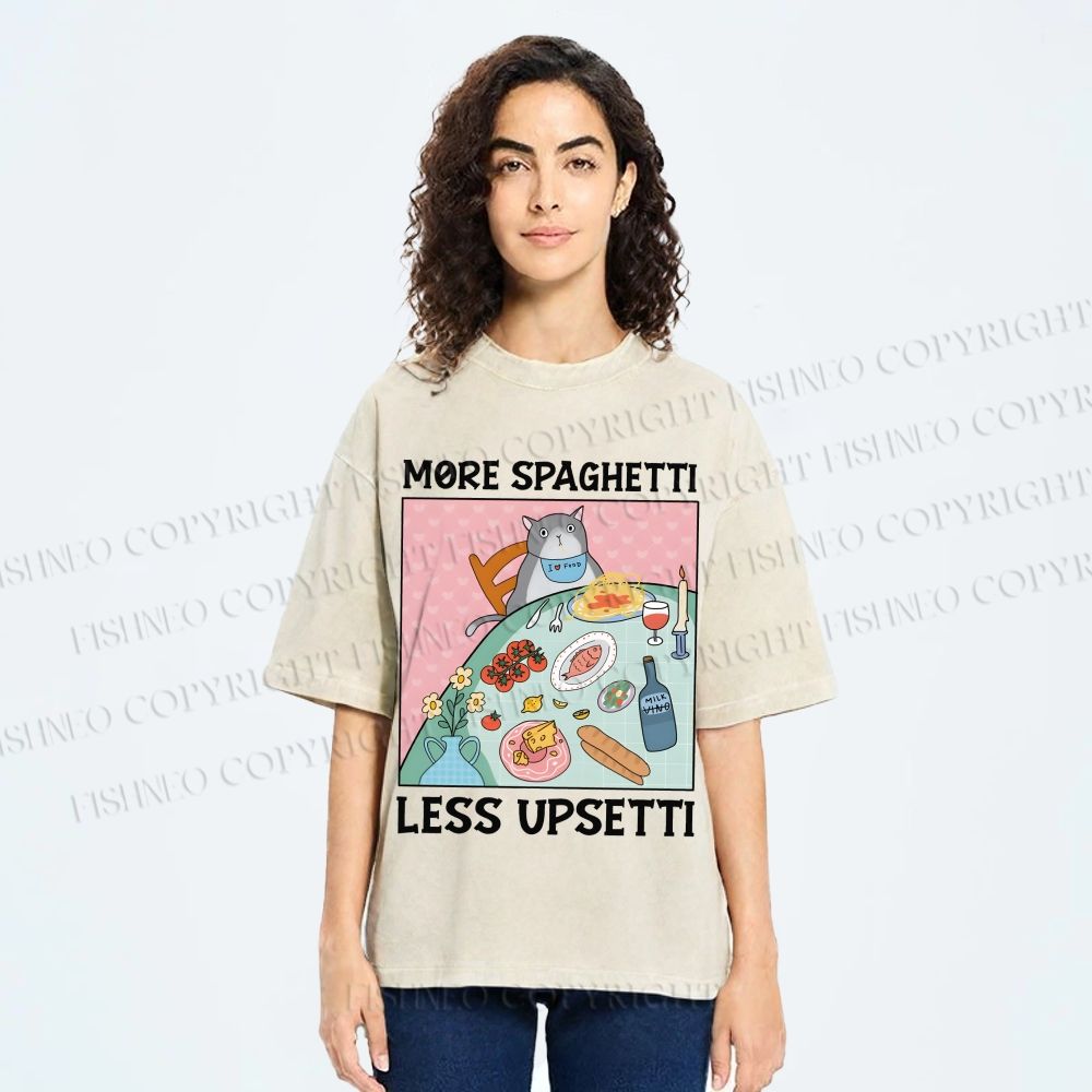 Unisex More Spaghetti Less Upsetti Cat Dinner Printed Washed Tee