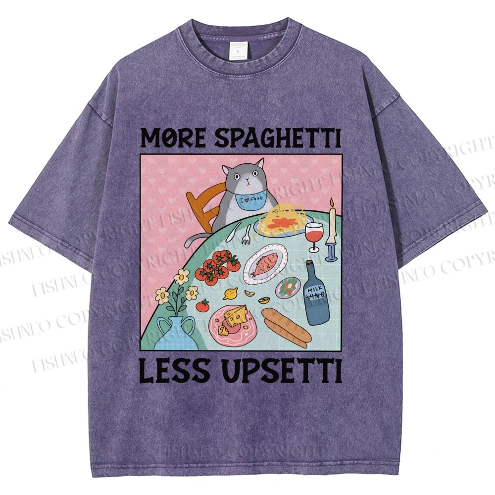 Unisex More Spaghetti Less Upsetti Cat Dinner Printed Washed Tee
