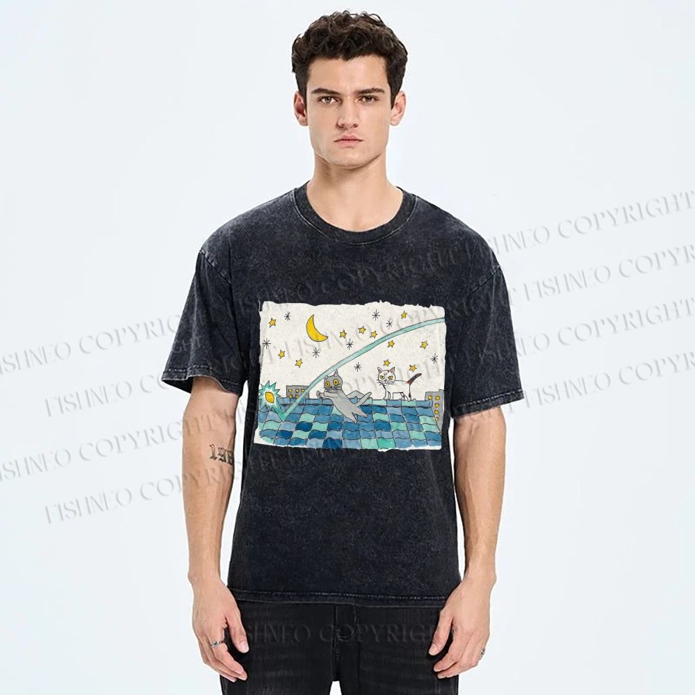 Unisex Cats Playing On The Roof Star Lights Printed Washed Tee