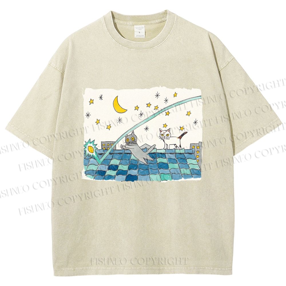 Unisex Cats Playing On The Roof Star Lights Printed Washed Tee