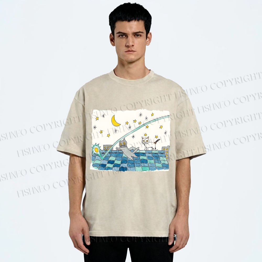Unisex Cats Playing On The Roof Star Lights Printed Washed Tee