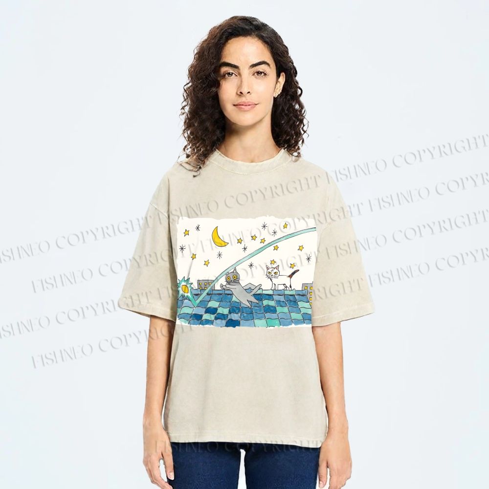 Unisex Cats Playing On The Roof Star Lights Printed Washed Tee