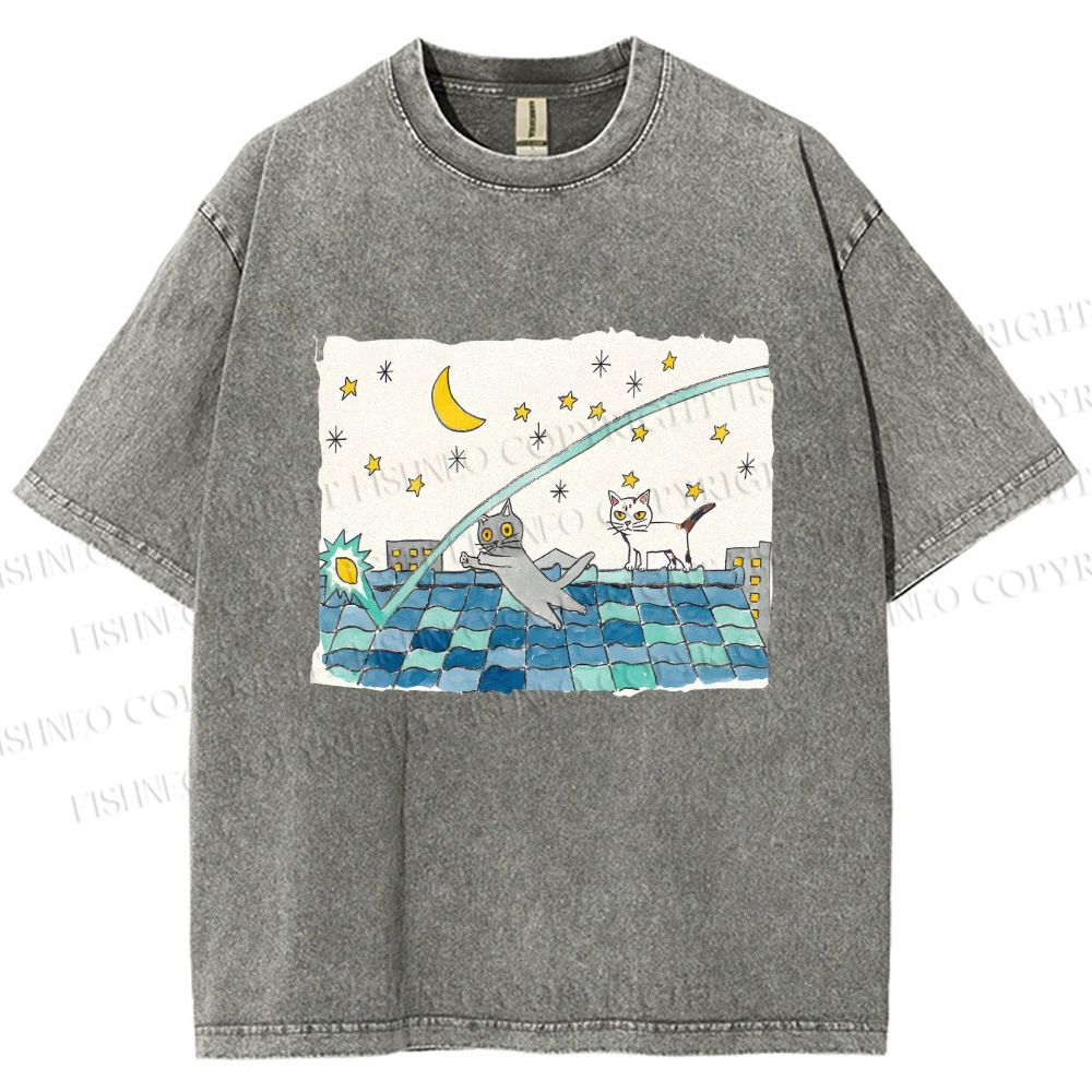 Unisex Cats Playing On The Roof Star Lights Printed Washed Tee