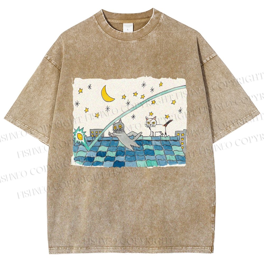 Unisex Cats Playing On The Roof Star Lights Printed Washed Tee