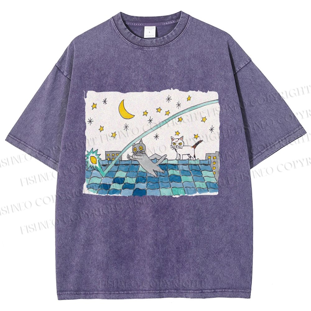 Unisex Cats Playing On The Roof Star Lights Printed Washed Tee
