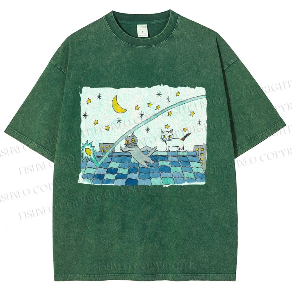 Unisex Cats Playing On The Roof Star Lights Printed Washed Tee