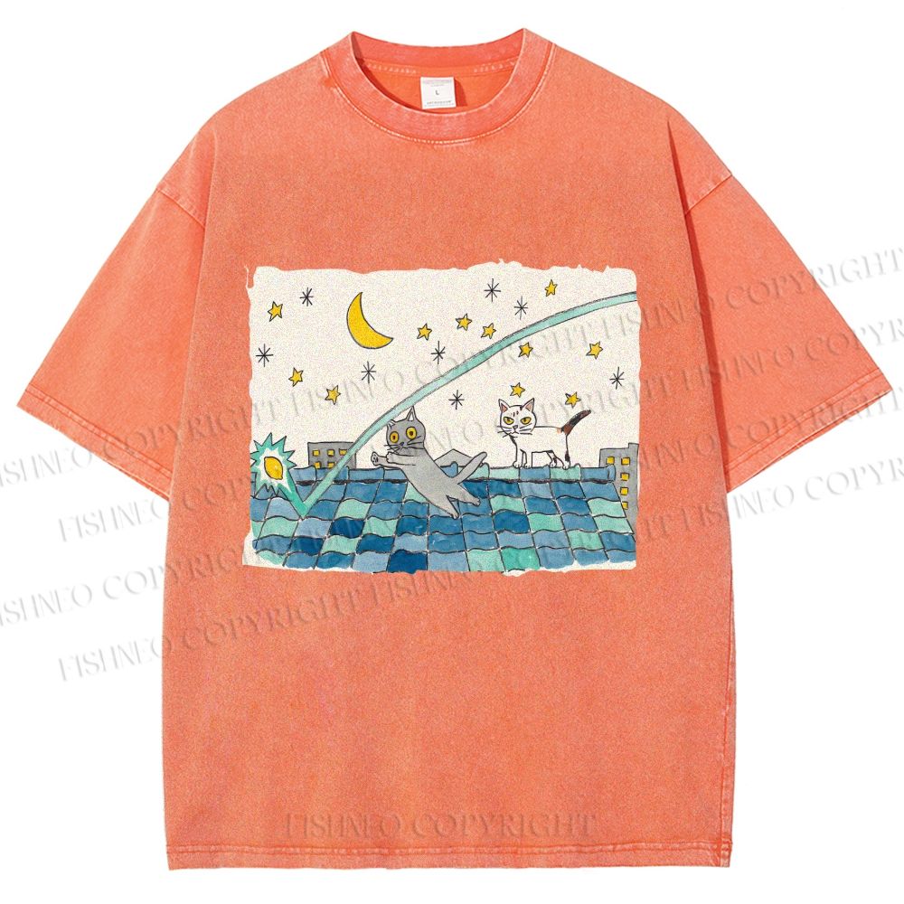 Unisex Cats Playing On The Roof Star Lights Printed Washed Tee