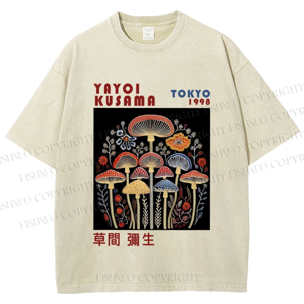 Unisex Yayoi Kusama Vintage Mushrooms Printed Washed Tee