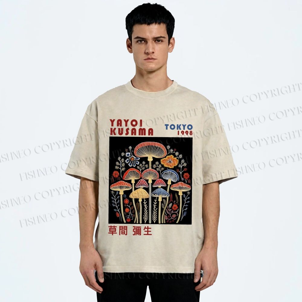 Unisex Yayoi Kusama Vintage Mushrooms Printed Washed Tee