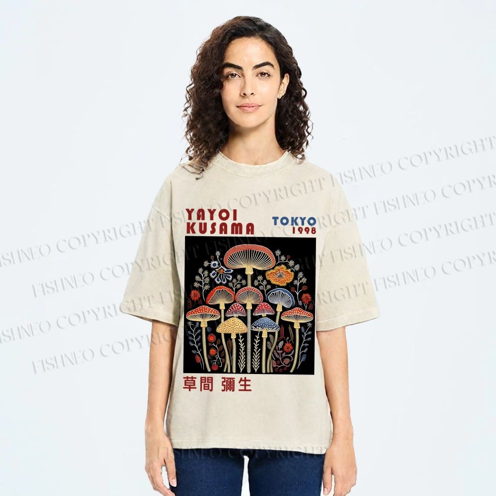 Unisex Yayoi Kusama Vintage Mushrooms Printed Washed Tee