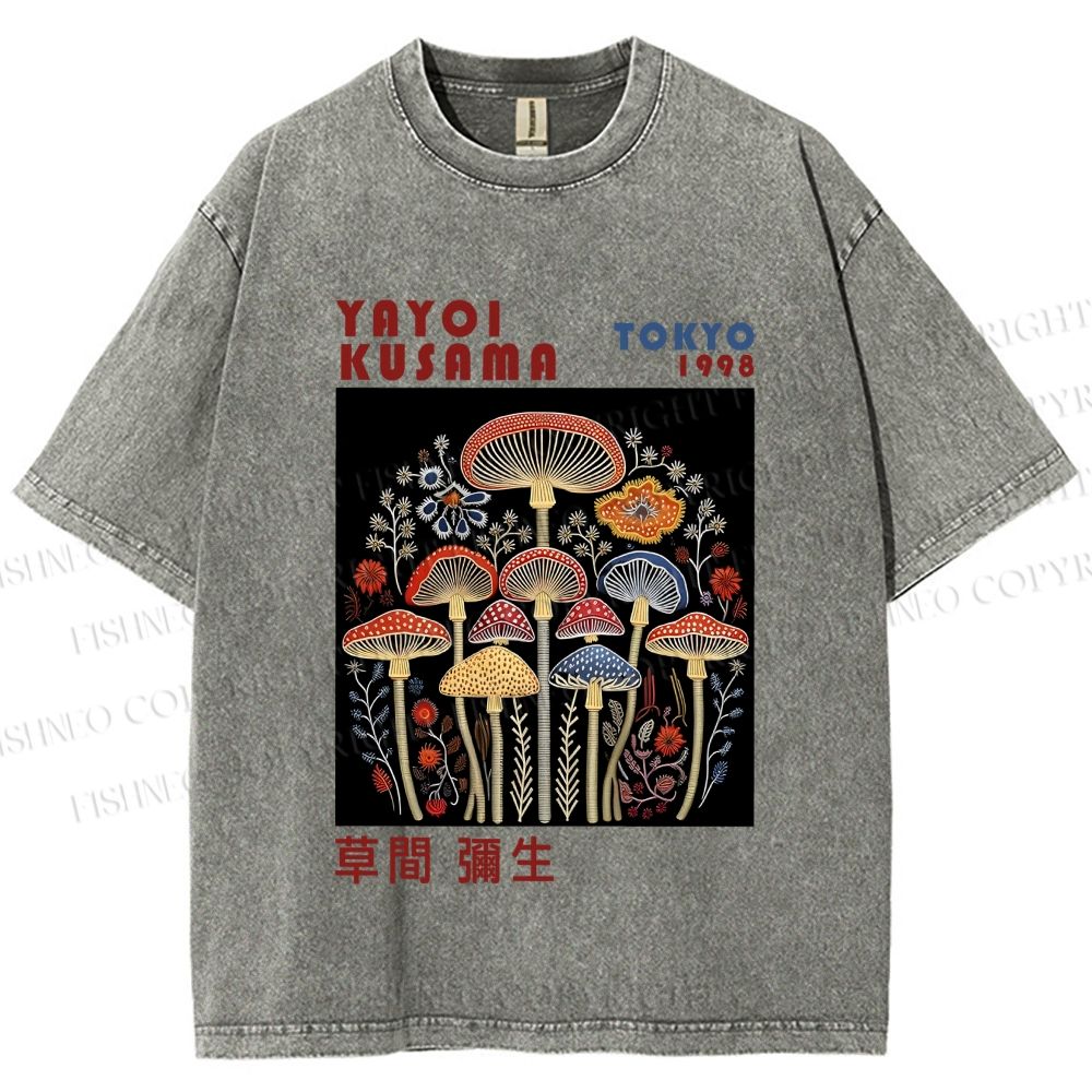 Unisex Yayoi Kusama Vintage Mushrooms Printed Washed Tee
