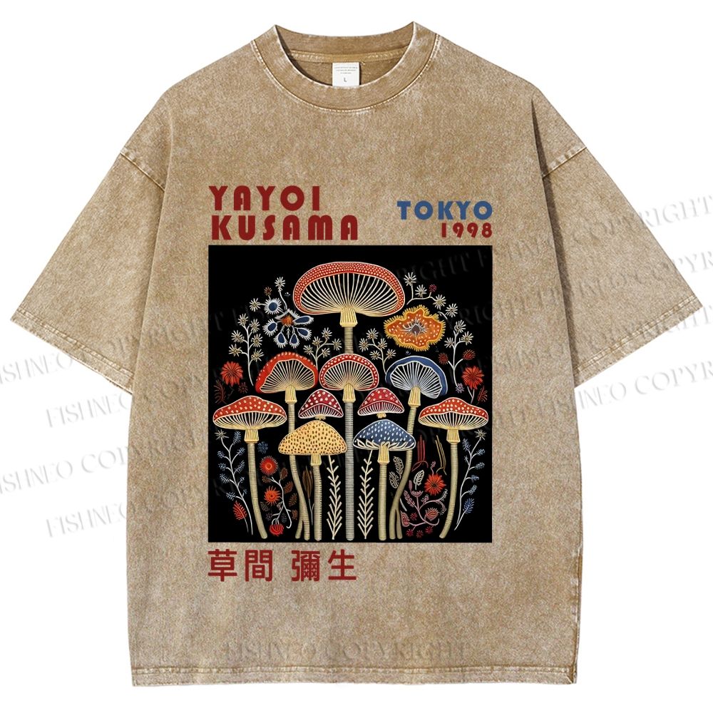 Unisex Yayoi Kusama Vintage Mushrooms Printed Washed Tee