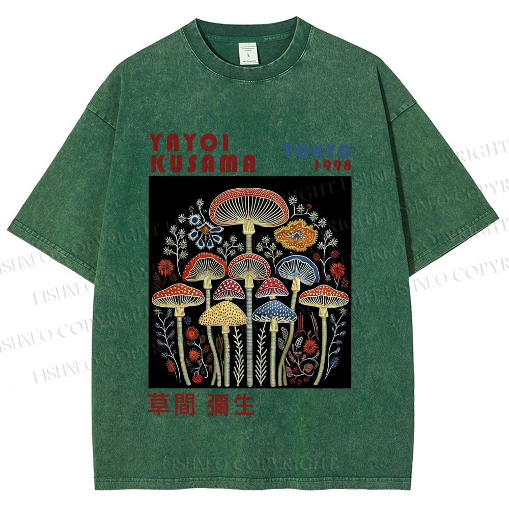 Unisex Yayoi Kusama Vintage Mushrooms Printed Washed Tee
