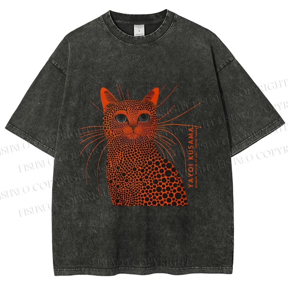 Unisex Yayoi Kusama Cat Japanese Art Printed Washed Tee