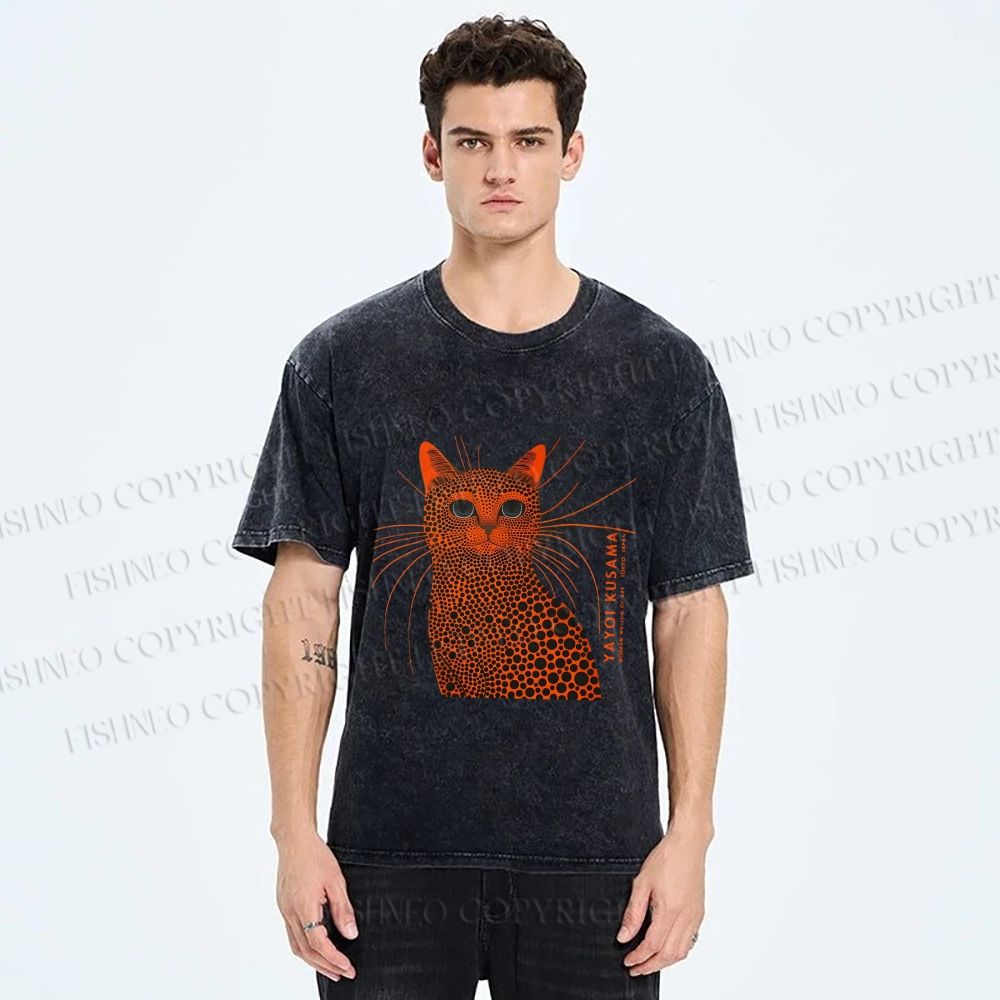 Unisex Yayoi Kusama Cat Japanese Art Printed Washed Tee