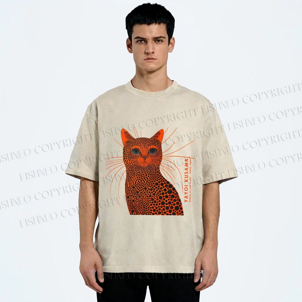 Unisex Yayoi Kusama Cat Japanese Art Printed Washed Tee
