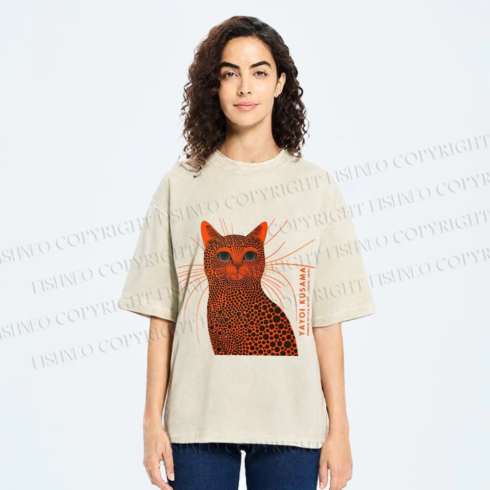 Unisex Yayoi Kusama Cat Japanese Art Printed Washed Tee