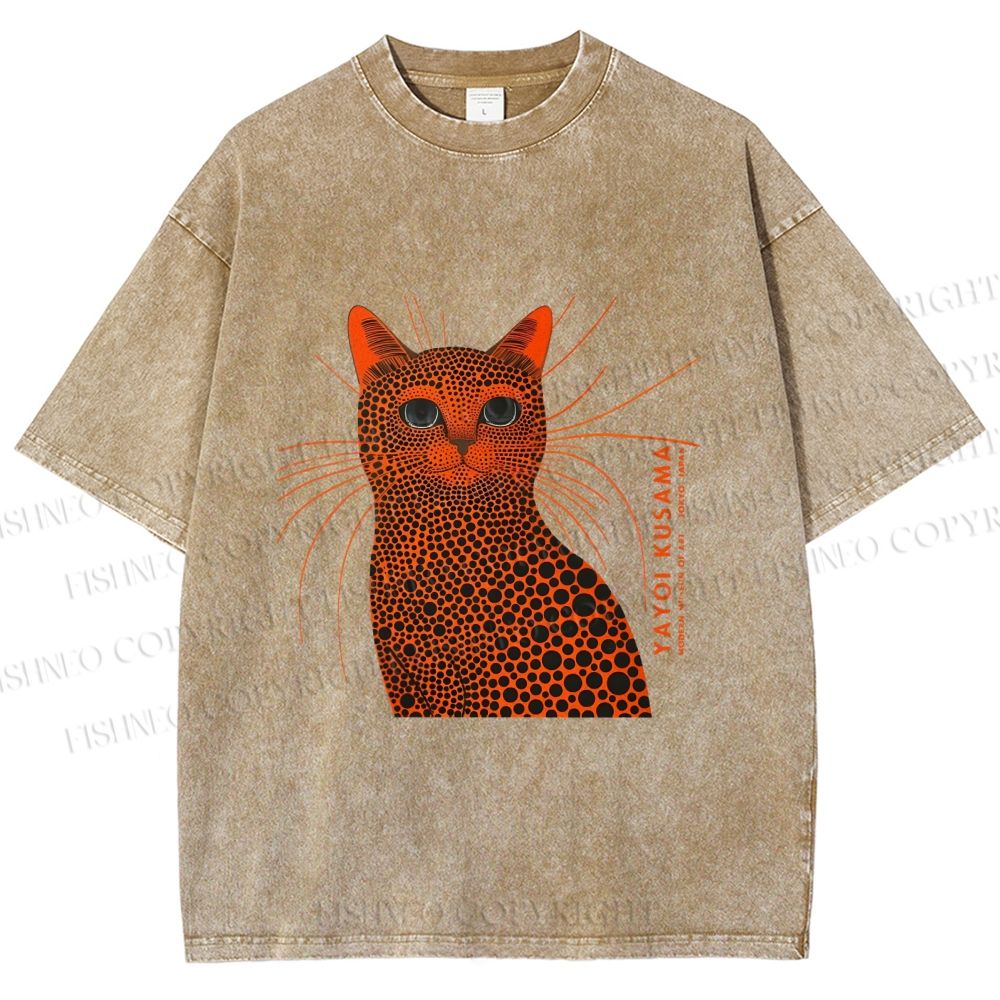 Unisex Yayoi Kusama Cat Japanese Art Printed Washed Tee