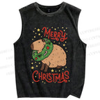 Unisex Capybara Merry Christmas Printed Washed Tank Top