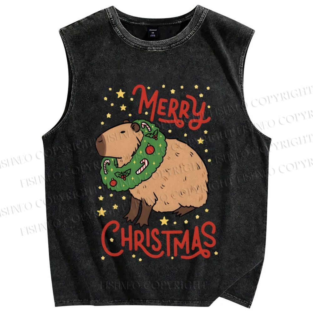 Unisex Capybara Merry Christmas Printed Washed Tank Top