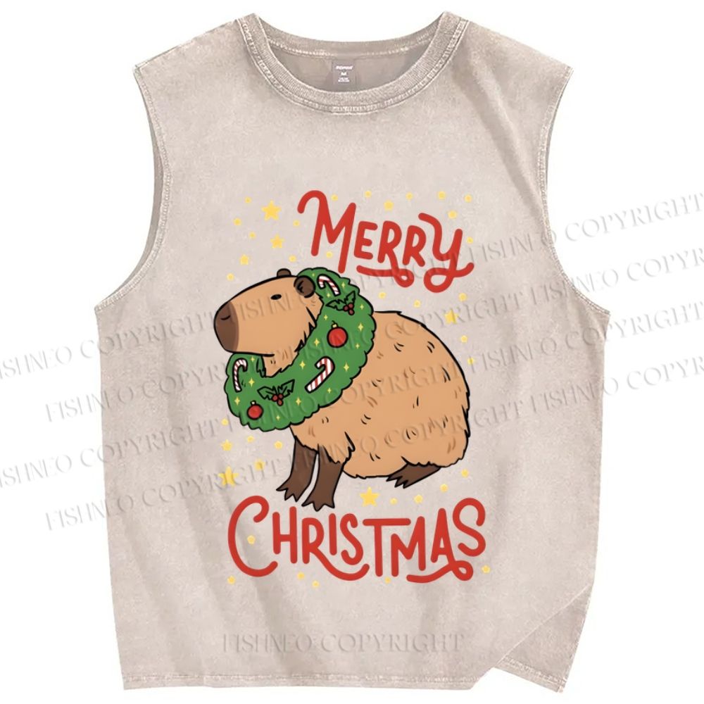 Unisex Capybara Merry Christmas Printed Washed Tank Top