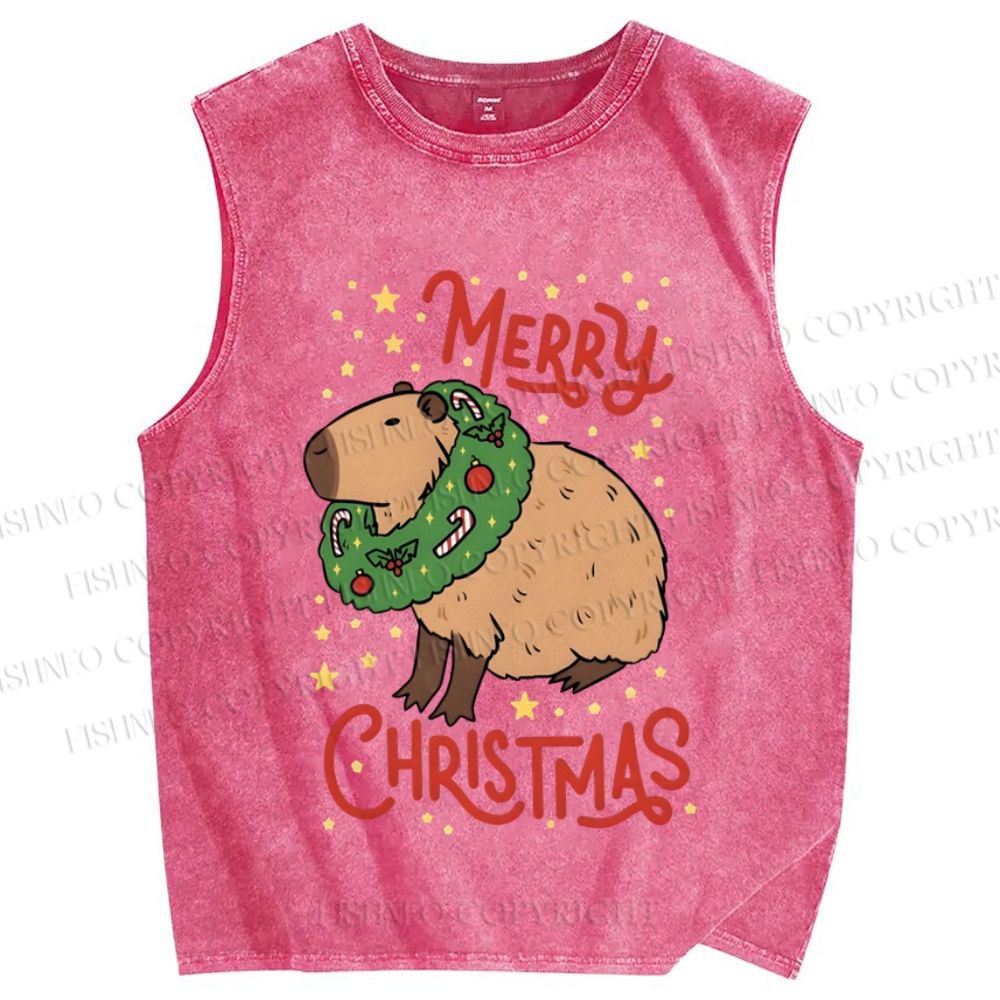 Unisex Capybara Merry Christmas Printed Washed Tank Top