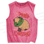 Unisex Capybara Merry Christmas Printed Washed Tank Top