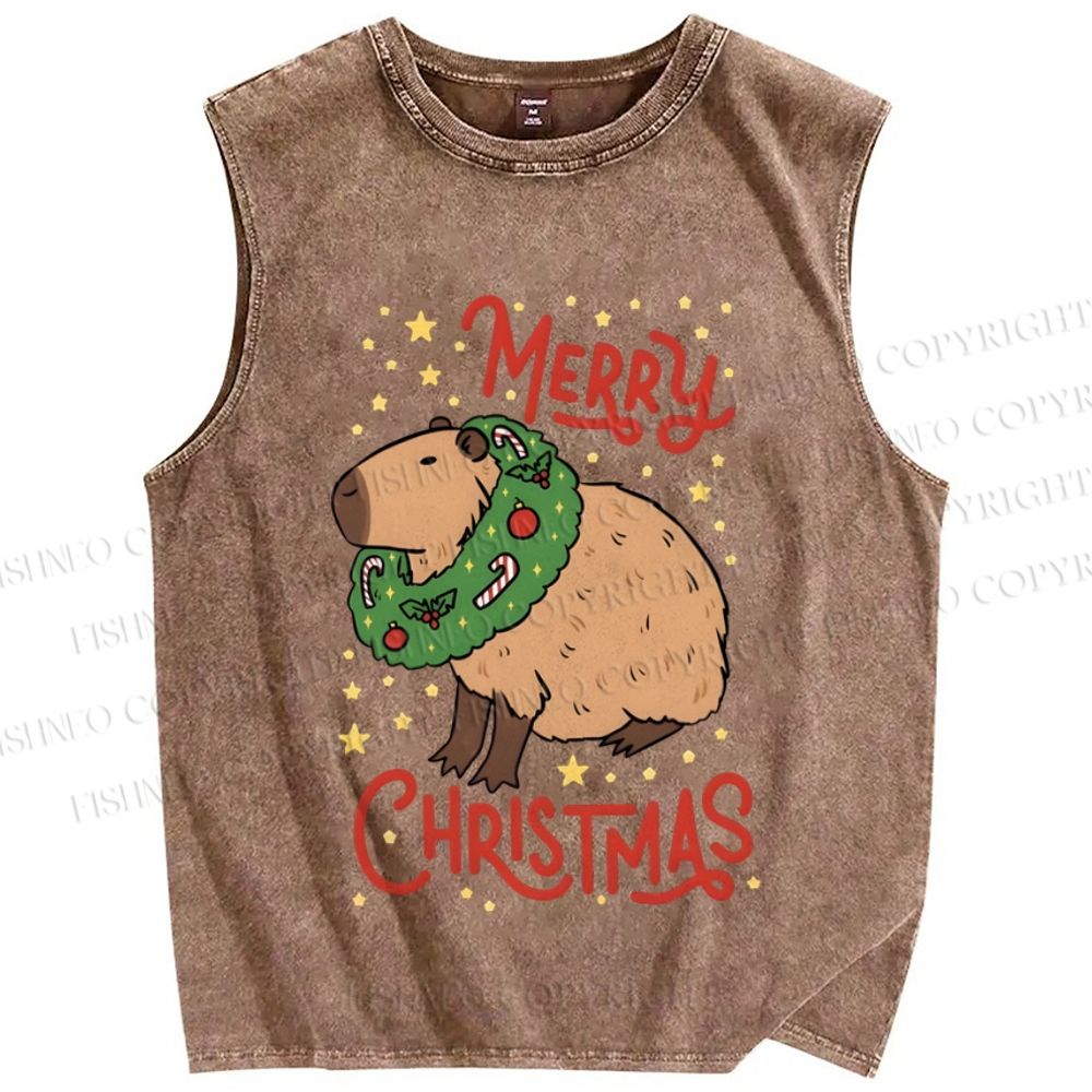 Unisex Capybara Merry Christmas Printed Washed Tank Top