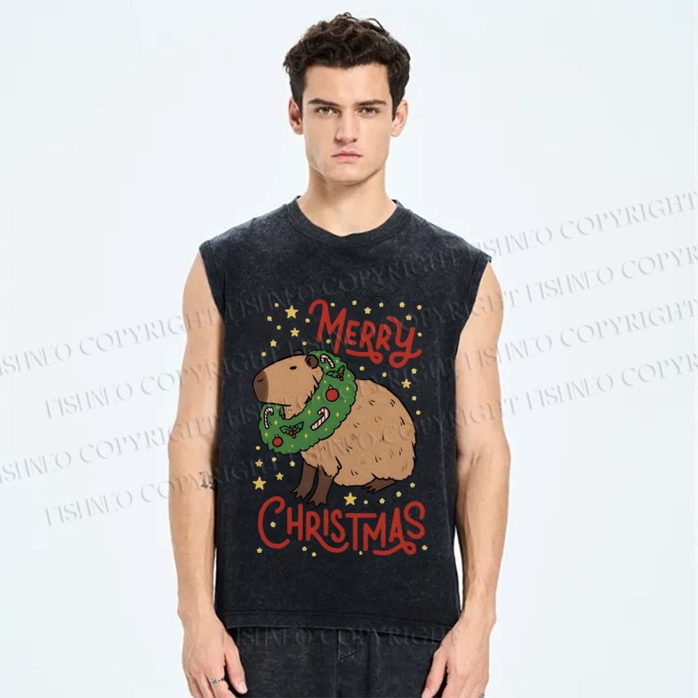 Unisex Capybara Merry Christmas Printed Washed Tank Top