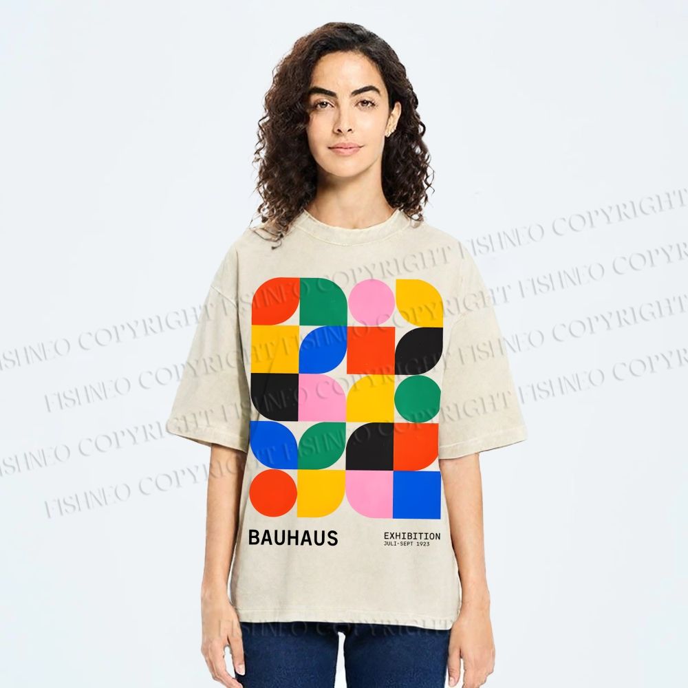Unisex Bauhaus Colored Geometry Printed Washed Tee