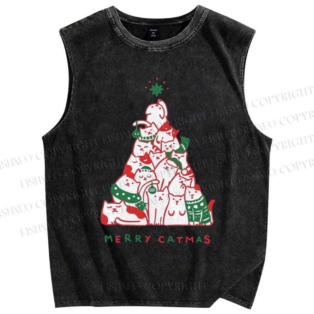 Unisex Merry Catmas Christmas Tree Printed Washed Tank Top