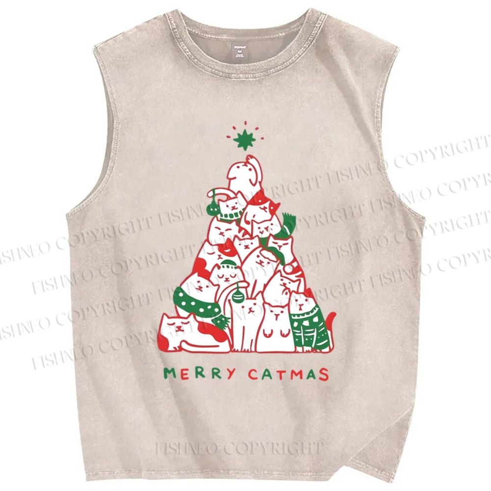 Unisex Merry Catmas Christmas Tree Printed Washed Tank Top