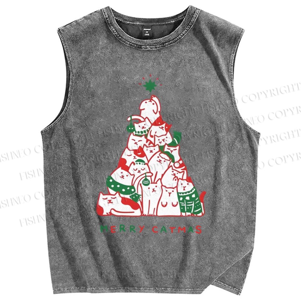 Unisex Merry Catmas Christmas Tree Printed Washed Tank Top