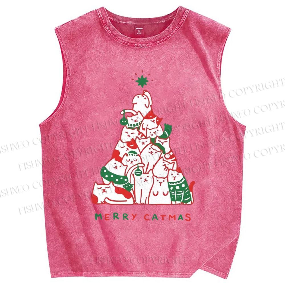 Unisex Merry Catmas Christmas Tree Printed Washed Tank Top