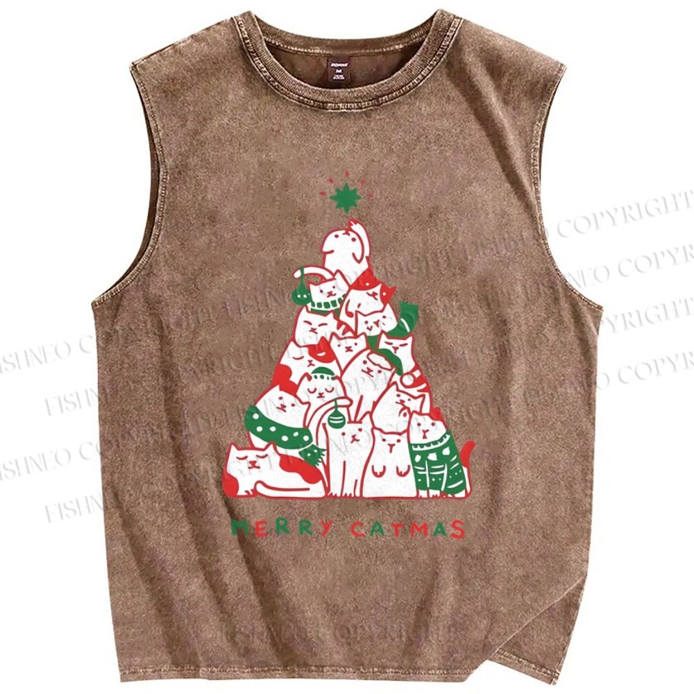 Unisex Merry Catmas Christmas Tree Printed Washed Tank Top