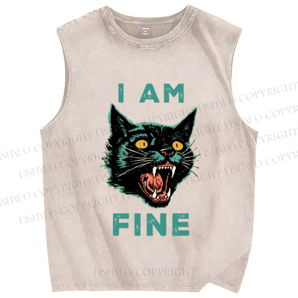 Unisex Vintage Screaming Cat I'm Fine Printed Washed Tank Top