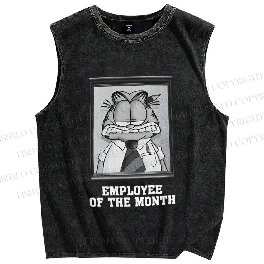 Unisex Garfield Cat is Employee of The Month Printed Washed Tank Top