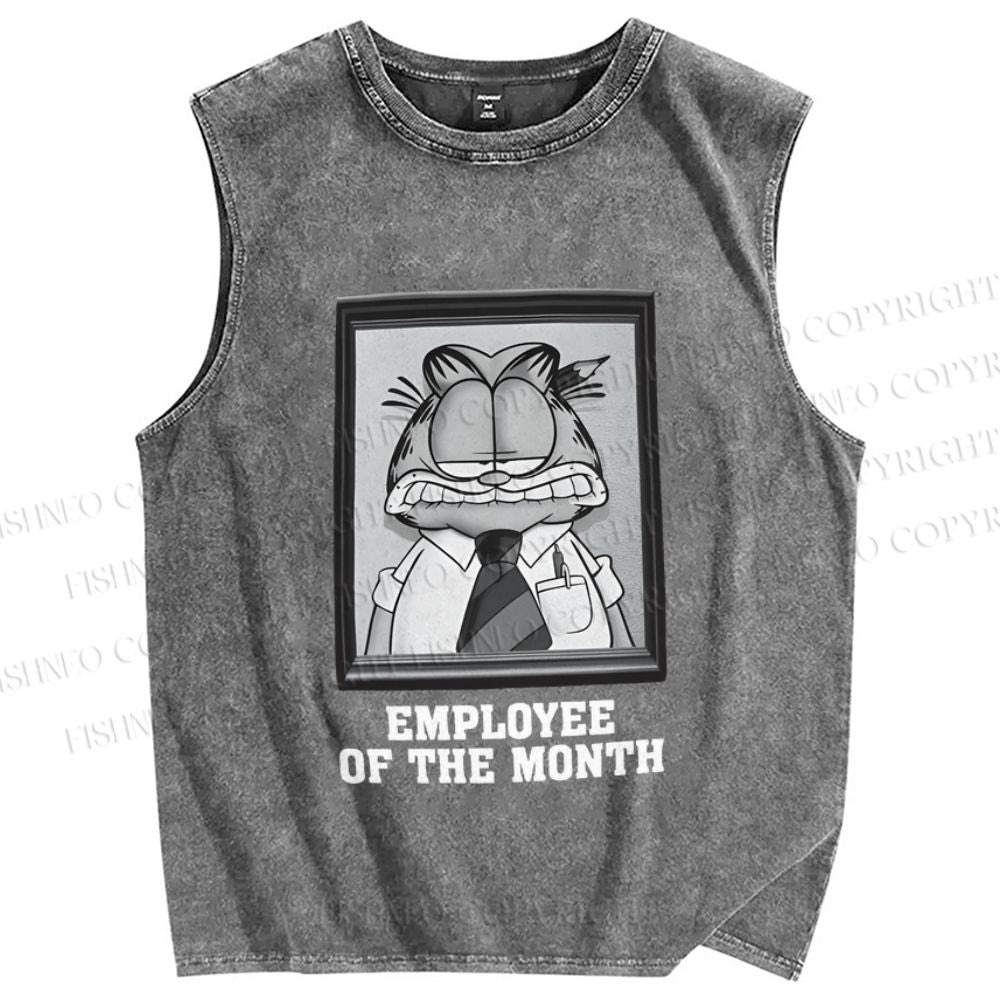 Unisex Garfield Cat is Employee of The Month Printed Washed Tank Top