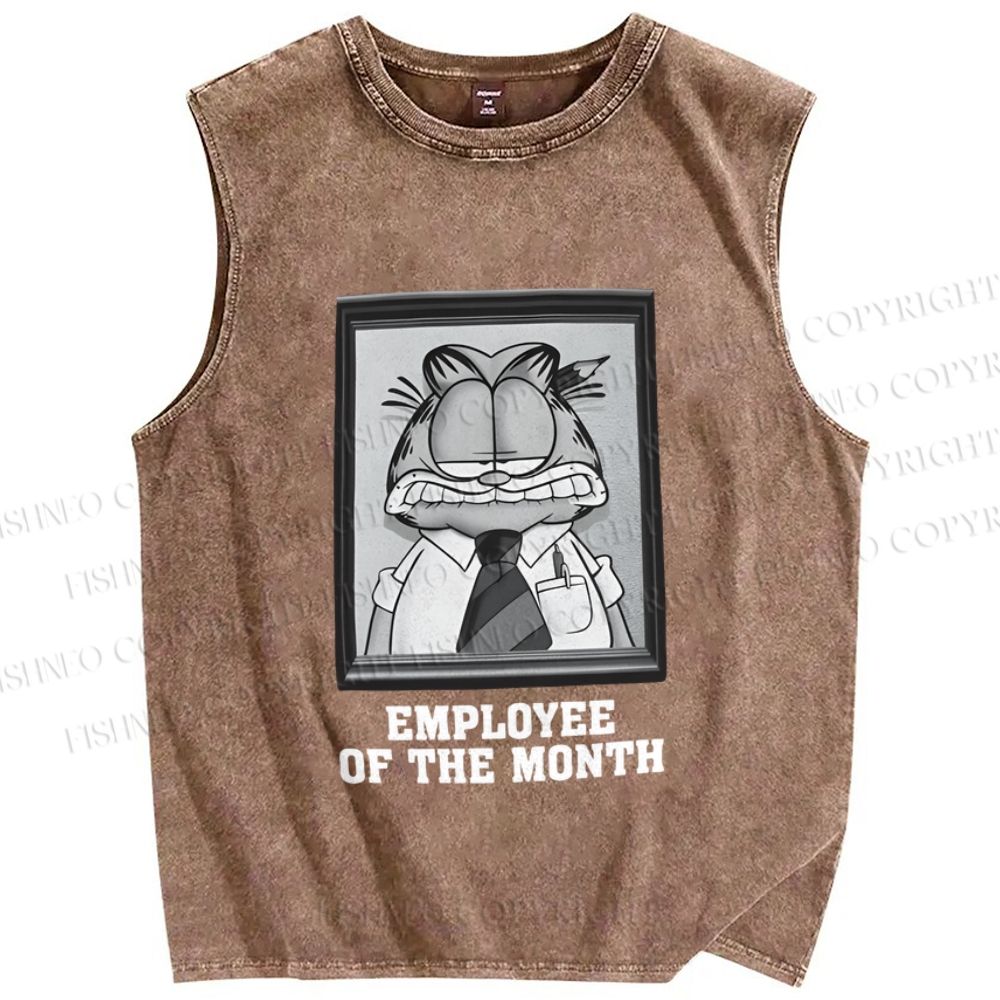 Unisex Garfield Cat is Employee of The Month Printed Washed Tank Top