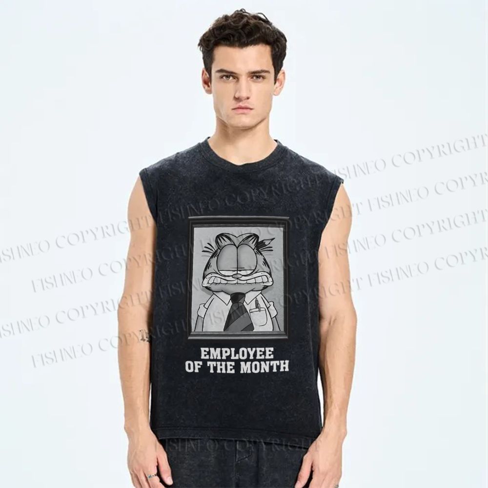 Unisex Garfield Cat is Employee of The Month Printed Washed Tank Top