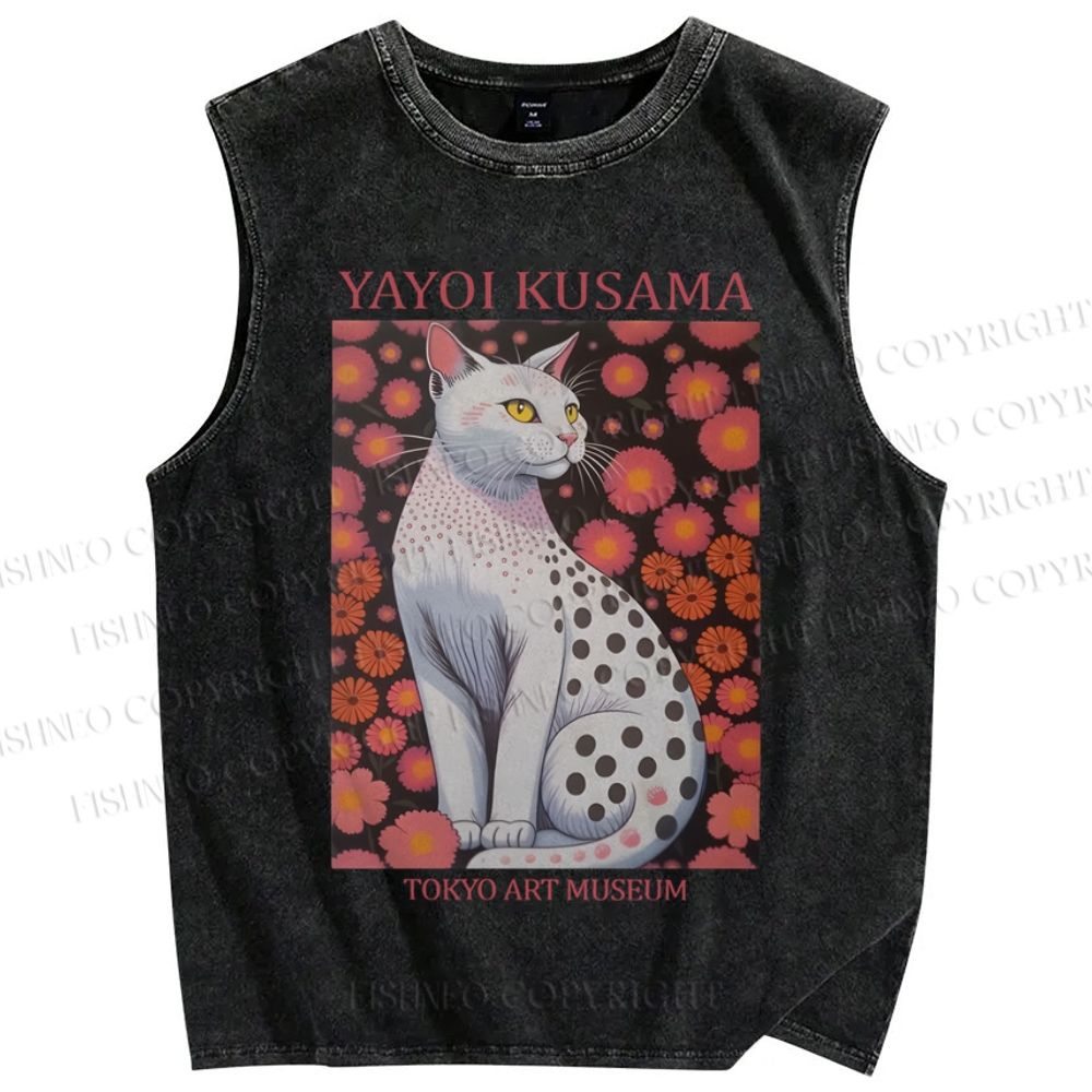 Unisex Yayoi Kusama Cat Printed Washed Tank Top